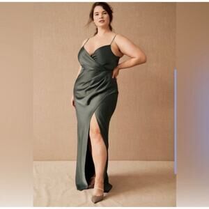 BHLDN Freya Satin Charmeuse Maxi‎ Slip Dress Moss Green Bridesmaid Size 14 NWT